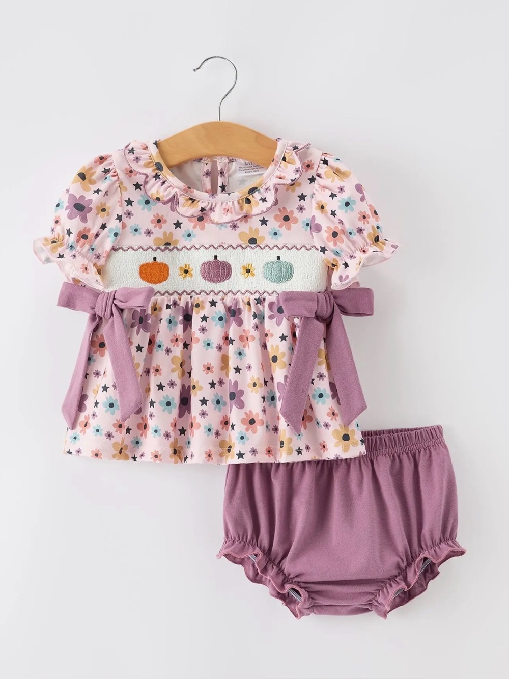 Baby Girls Pink Floral Smocked Matching Set with Dusty Rose Bloomers